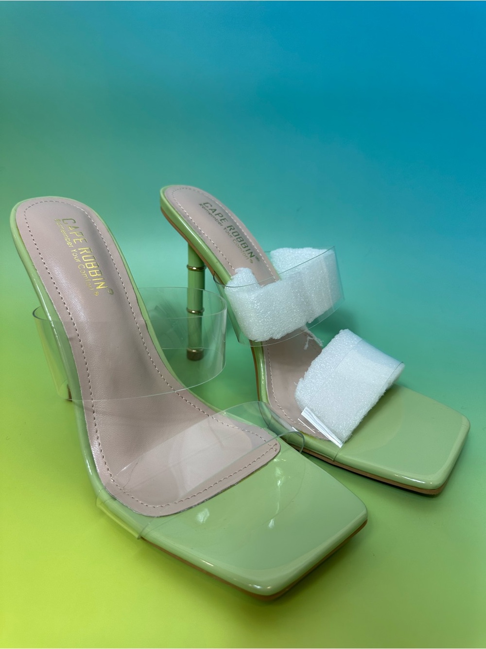 Cape Robbin Light Green Clear Strap Block Heel Mules Open Toe Slip-On Heels